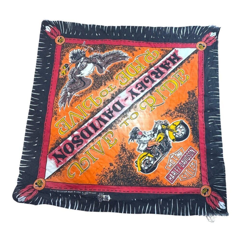 Vintage Official Harley Davidson Scarf Bandana Wall Decor Ride To Live Made USA